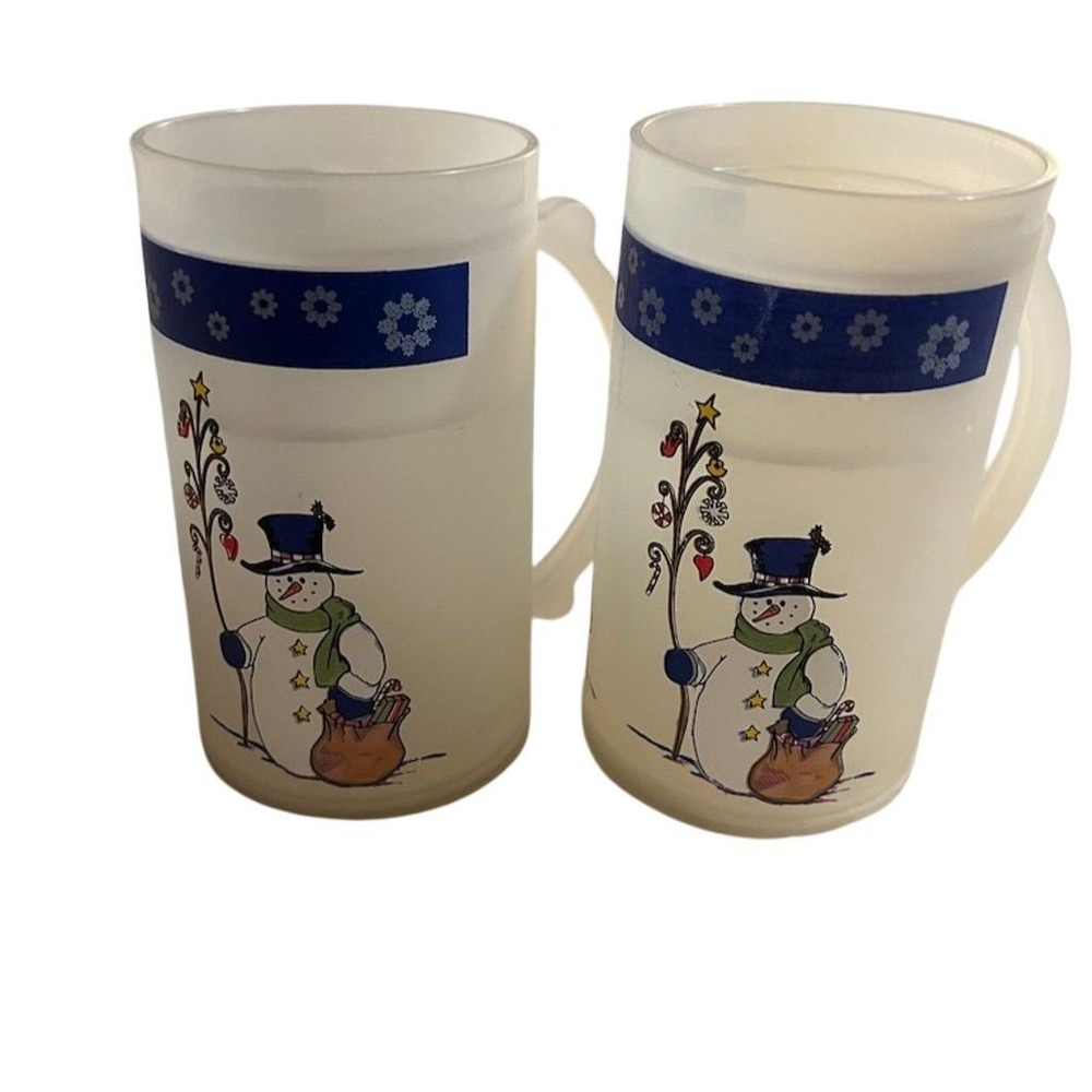 Libbey Snowman Holiday Glass Mugs Set of 2 with Blue Floral‎ Band frosty drinks